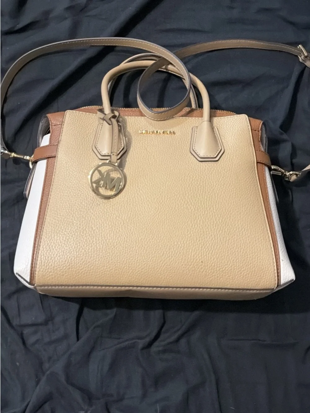 Michael Kors Beige, Brown & White Leather Satchel with Gold Logo Charm